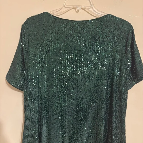 CeCe Emerald Green Sequin Godet Short Sleeve Shimmer Dress M - Picture 9 of 14
